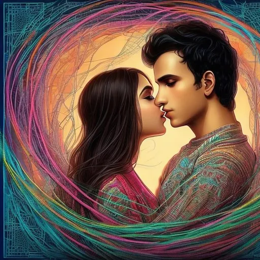 Prompt: Create a couple facing each others back entangled by threads of love. I want it to have a digital art effect. Try to style the girl in a salwar and the guy in normal casuals. I want a space in the top because that is where the title is appearing. Use minimal colours and make it aesthetic.