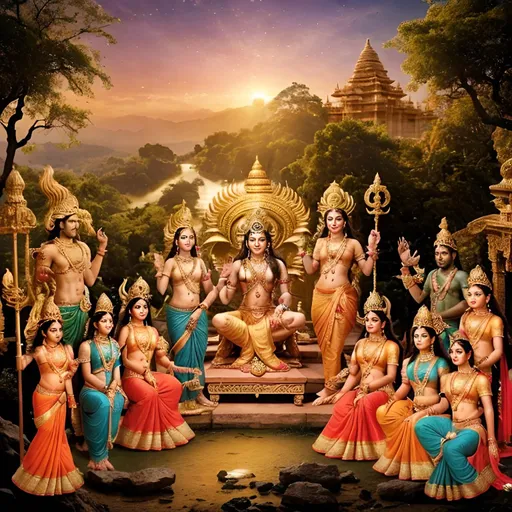 Prompt: 1.Lord Shiva and Goddess Parvati's marriage at twilight. 
2. While Parvati is draped in a red saree with gold jewelry, 
3. Alongside Lord Vishnu and his consort 
With Lord Brahma blessing the couple. 
4. The setting is at the grand entrance of Parvati's celestial abode under a golden-pink sky,
5. Including all the gods and demons, at reception highlighting the scene's vibrancy and sacredness.