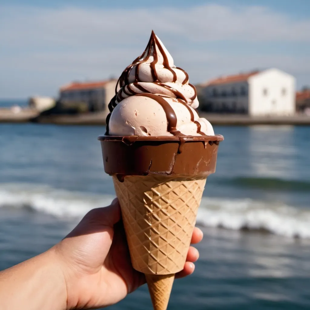 Prompt: Imagen de un helado que este en un cono y sea de sabor, chocolate y café
