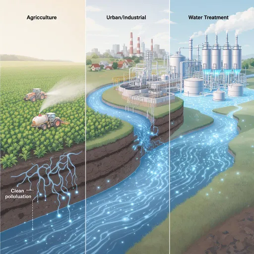 Prompt: A semi-realistic illustration of micropollutants' journey through the water cycle, divided into three connected scenes:

Agriculture (left): Fields with crops, a tractor spraying pesticides. Visible droplets seeping into the soil, contaminating groundwater (show wavy lines or faint glowing dots representing pollutants moving underground toward a river.

Urban/Industrial (center): A wastewater treatment plant discharging effluent into a river (use pipes with flowing water). Subtle glowing dots (micropollutants) remain in the discharged water. Factories or houses in the background.

Advanced Water Treatment (right): A high-tech facility with reactors (UV/ozone tanks, bubbling systems) purifying water. Show scientists checking monitors (no text on screens) and clean water exiting the plant.
Key visual cues:

A river flows continuously from left (agriculture) to right (treatment plant).

Use faint glowing dots/sparks (blue or red) to trace micropollutants in water/ground.

Style: Clean, professional, semi-realistic (like a scientific journal illustration). Avoid photorealistic or cartoonish extremes. Color palette: Natural blues/greens for water/fields, gray/white for industrial parts.