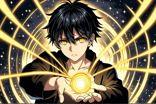 Prompt: Anime, boy, black hair, yellow eyes, using magic, very detailed 