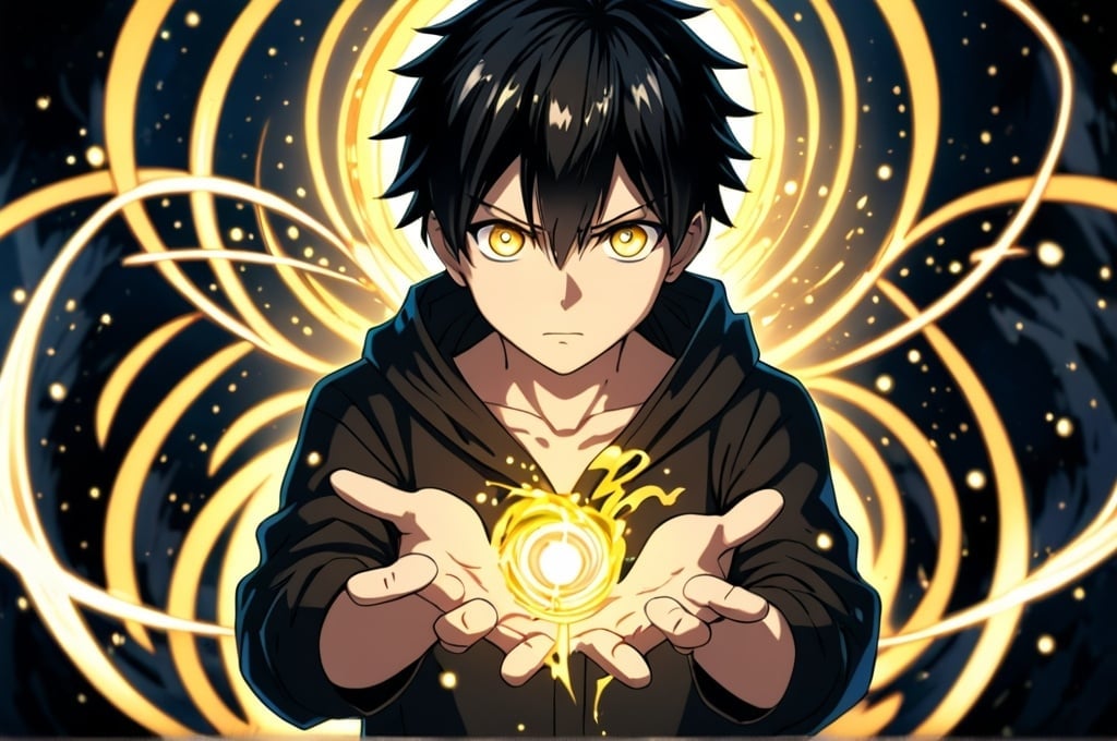 Prompt: Anime, boy, black hair, yellow eyes, using magic, very detailed 