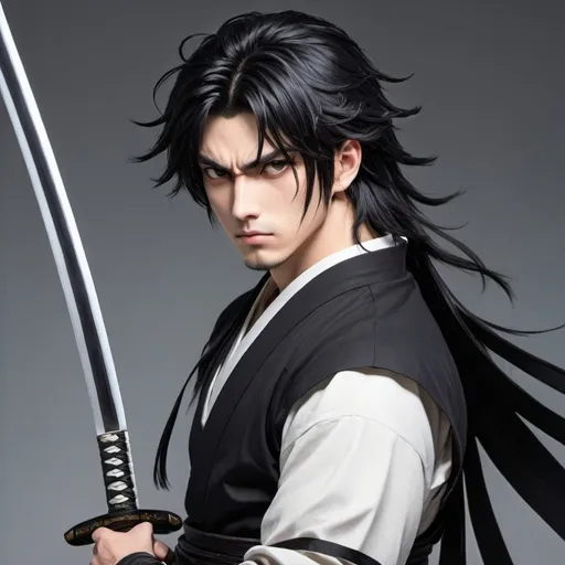 Prompt: a prestige white anime male charecter with black hair and wearing black and have katana on back