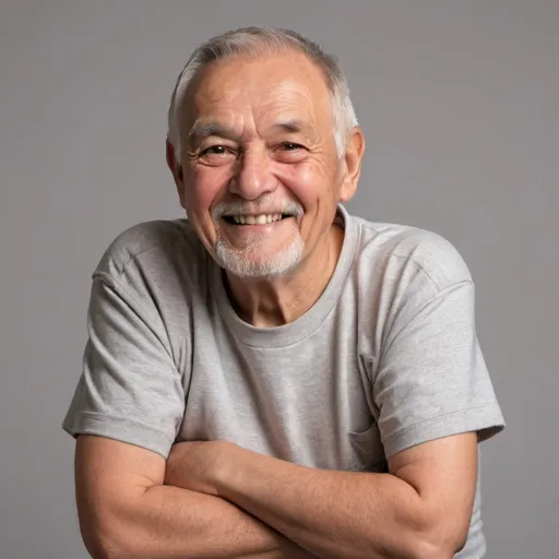 Prompt: Smiling kind grandfather, wearingt t-shirt, solid background, slightly fat, sitting sideways