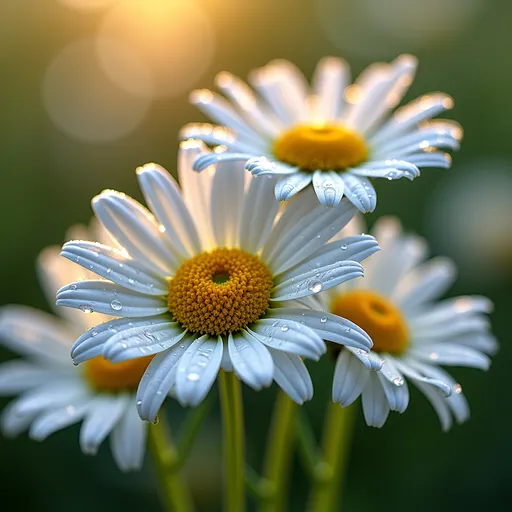 Prompt: Daisies in bloom with water droplets, macro photography, high contrast and sharp details, soft focus background, Canon EOS 5D, 100mm f/2.8 macro lens, natural daylight, bokeh effect with dewdrops, vibrant colors and soft shadows.