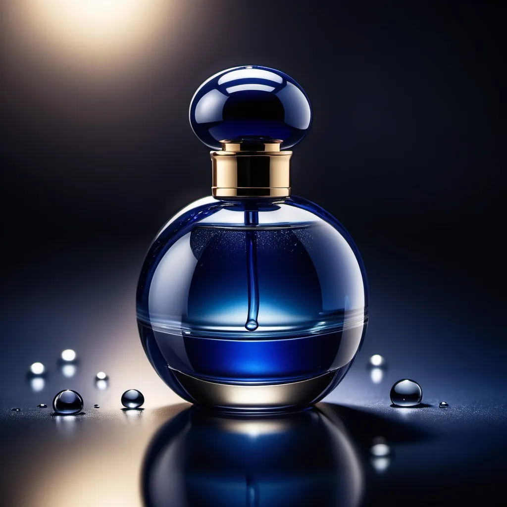 Prompt: Elegant dark blue perfume bottle with a spherical cap, high-resolution product photography, focus on the bottle with soft bokeh effect in the background, Canon EOS R5, 85mm f/1.4 lens, soft lighting, light reflections on the surface, sharp details with floating water droplets.