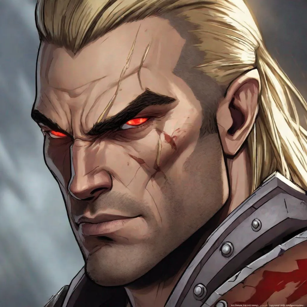 Prompt: Middle aged male with long blonde hair in a pony tail, tough soldier, strong jaw, scowl on face, red eyes, armor, world of warcraft setting, intense and focused gaze, detailed facial features, professional, soldier, cool tones, highres, detailed, atmospheric lighting, wide jaw and neck, half-Elf, scar on middle face, big and strong