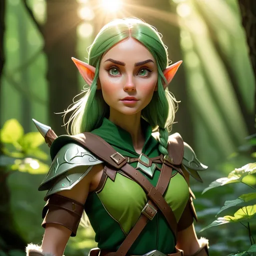 Prompt: Elf ranger in a mystical forest around sunlight