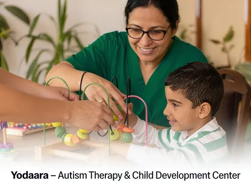 Prompt: Create a 10-second cinematic video of a therapist working with an autistic child in a bright therapy room. 
The therapist is gently helping the child play with colorful educational toys like bead maze and shape sorting blocks. 
The child is focused, calm, and smiling while learning. 
The therapist is encouraging and supportive. 
Environment should be warm, clean, and child-friendly with soft natural lighting, plants, and educational toys in the background. 
Camera movements should be slow and smooth, with close-up shots of hands guiding the toy, medium shots of therapist and child smiling, and soft depth of field. 
Style should be realistic, emotional, inspiring, and professional healthcare advertisement style. 
Soft warm color grading, cinematic lighting, 4K quality, shallow depth of field, slow motion feel.
End with a white fade and text: "Yodaara – Autism Therapy & Child Development Center".