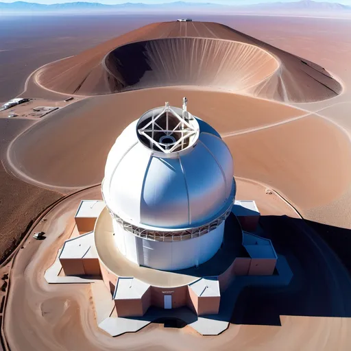 Prompt: "Aerial drone view of the single world-famous telescope in the Atacama Desert, set against the vast, sandy landscape with clear blue skies."
