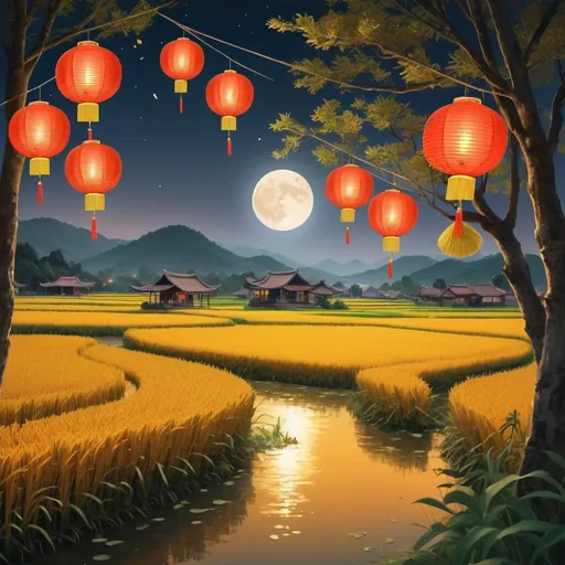 Prompt: Mid-Autumn Festival in the Vietnamese countryside, (serene rice fields), (soft golden light), vibrant lanterns hanging from trees, colorful paper fans, traditional Vietnamese performers in beautiful attire, a soothing moonlit sky with a bright full moon, cozy family gathering, festive atmosphere, lush greenery in the background, cultural elements celebrating a rich heritage, (ultra-detailed) depiction of a harmonious autumn evening.