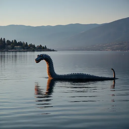 Prompt: convincingly ultra-realistic & dramatic lighted image of a distant amphibious Loch Ness type Monster that is approximately 37 feet long, and is swimming gracefully but ominously on Okanagan Lake near City Park Beach in Kelowna, BC. just after sunrise in August. water is calm Except for the ripples around the large creature as it Glides across the water approximately 250 feet from the shore. 