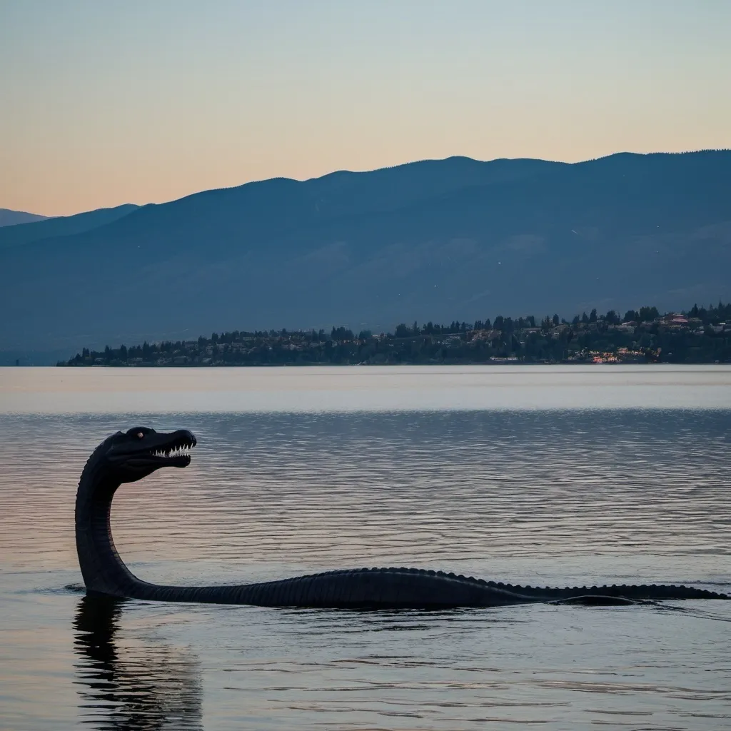 Prompt: convincingly ultra-realistic & dramatic lighted image of a distant amphibious Loch Ness type Monster that is approximately 37 feet long, and is swimming gracefully but ominously on Okanagan Lake near City Park Beach in Kelowna, BC. just after sunrise in August. water is calm Except for the ripples around the large creature as it Glides across the water approximately 150 feet from the shore. 