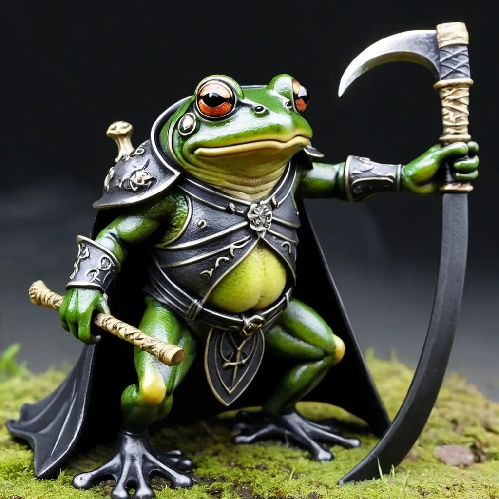 Prompt: dark warrior frog with scythe