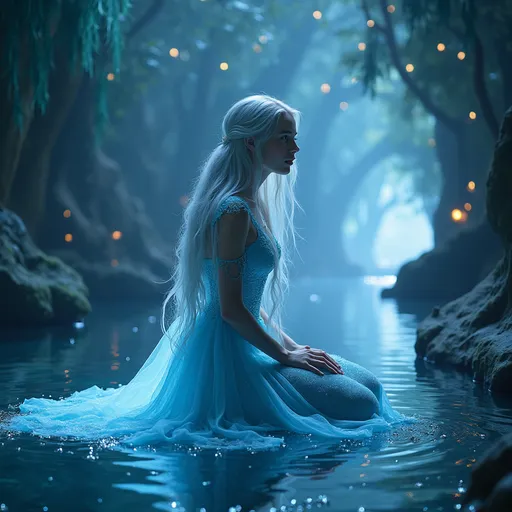 Prompt: A stunning heartbroken princess with long silver-white hair, kneeling and crying in a glowing crystal alley at night, surrounded by shimmering lights, reflections in a clear still lake beside her, wearing a flowing, elegant ice-blue gown, glowing tears, magical ambiance, ultra-detailed, cinematic lighting, fantasy art style, 4K