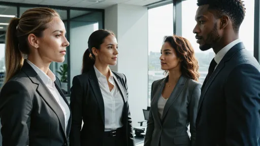 Prompt: Cinematic Landscape photo of a beautiful Business Team with different people with genders and ethnicities interacting with each other in a beautiful modern office wearing formal clothes in daylight (lights, shadows, textured, detailed, realistic)