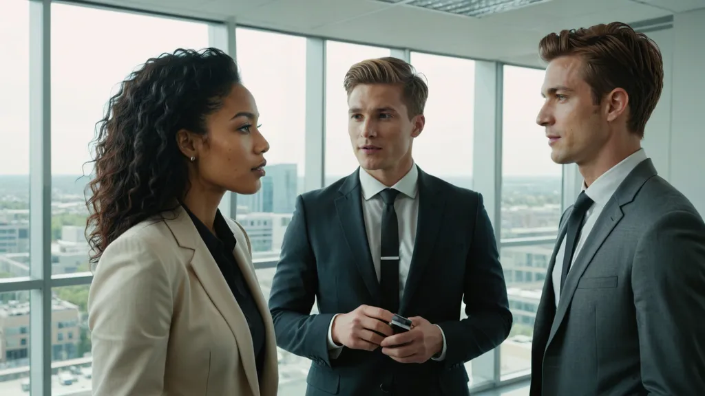 Prompt: Cinematic Landscape photo of a beautiful Business Team with different people with genders and ethnicities interacting with each other in a beautiful modern office wearing formal clothes in daylight (lights, shadows, textured, detailed, realistic)