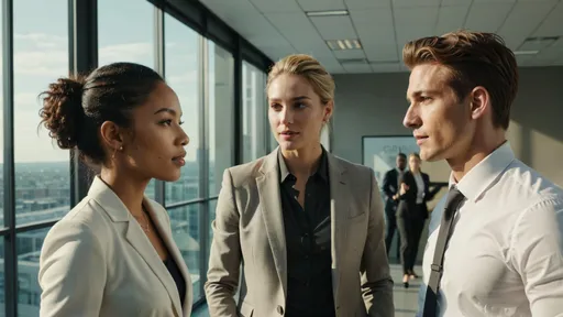 Prompt: Cinematic Landscape photo of a beautiful Business Team with different people with genders and ethnicities interacting with each other in a beautiful modern office wearing formal clothes in daylight (lights, shadows, textured, detailed, realistic)
