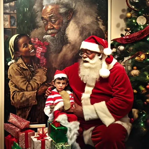 Prompt: In the store of Norman Rockwell, A Caucasian child hugging an African American Santa next to a Christmas tree with lots of gifts underneath it