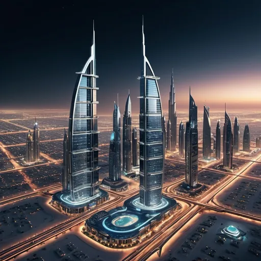 Prompt: Futuristic sci-fi illustration of Dubai real estate, ultra-modern architecture, high-tech skyscrapers, sleek design, luxurious futuristic cityscape, advanced technology, bustling city lights, 4k resolution, ultra-detailed, futuristic, sci-fi, modern, luxurious, sleek, high-tech, Dubai, real estate, advanced architecture, bustling city lights