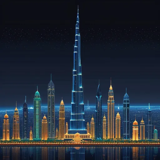 Prompt: Pixel art of Burj Khalifa, detailed architecture, vibrant city lights, nighttime setting, high quality, pixel art, skyscraper, detailed windows, futuristic, iconic landmark, professional, atmospheric lighting