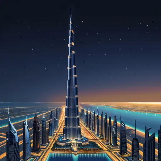 Prompt: Pixel art of Burj Khalifa, detailed architecture, vibrant city lights, nighttime setting, high quality, pixel art, skyscraper, detailed windows, futuristic, iconic landmark, professional, atmospheric lighting