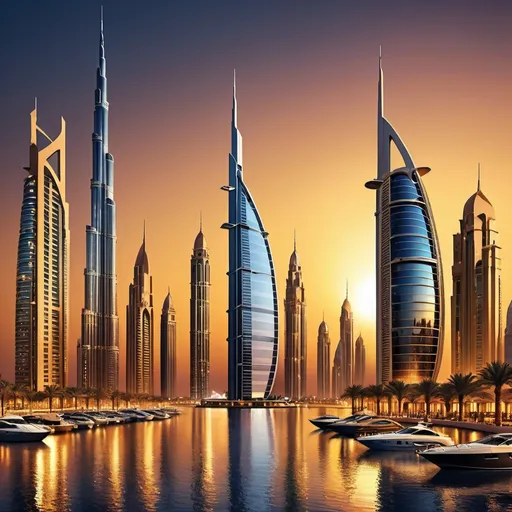 Prompt: Glamorous advertising illustration of Dubai skyline, golden and luxurious, modern skyscrapers against sunset, opulent and extravagant, highrise buildings with sleek design, luxury cars and yachts, vibrant and dynamic cityscape, best quality, highres, ultra-detailed, ads-advertising, opulence, modern architecture, golden tones, dynamic composition, luxurious lifestyle, professional, vivid lighting