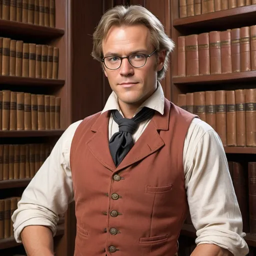 Prompt: Create an image of a scholarly, adventurous tutor inspired by a blend of Milo Thatch from Atlantis: The Lost Empire and Daniel Jackson from Stargate. The tutor should exhibit Milo’s youthful enthusiasm and scholarly excitement, dressed in early 19th-century attire typical of 1831, such as a waistcoat, cravat, and breeches. Combine this with Daniel Jackson’s intellectual demeanor and glasses. The setting is a historical study room from 1831, filled with ancient texts, artifacts, and maps, reflecting both exploration and academic passion.