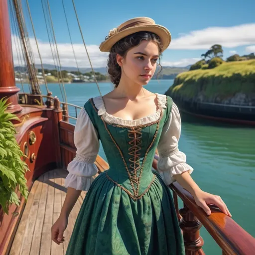 Prompt: (young lady dressed in 1835 fashion), stepping down from a historic ship, (lush greenery) surrounding the bustling port of Kororareka, New Zealand, vibrant daytime scene, (nostalgic atmosphere), intricate details in clothing fabric and accessories, (colorful hues) reflecting the natural beauty of the location, gentle waves in the bay, (highly detailed, lifelike) 4K image quality, (warm sunlight illuminating the scene).