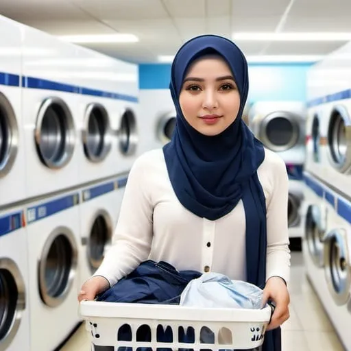 Prompt: asian lady in dark blue hijab, white clothes. clothes in laundry basket on hand in laundry shop. Washing machine and dryer on right side only