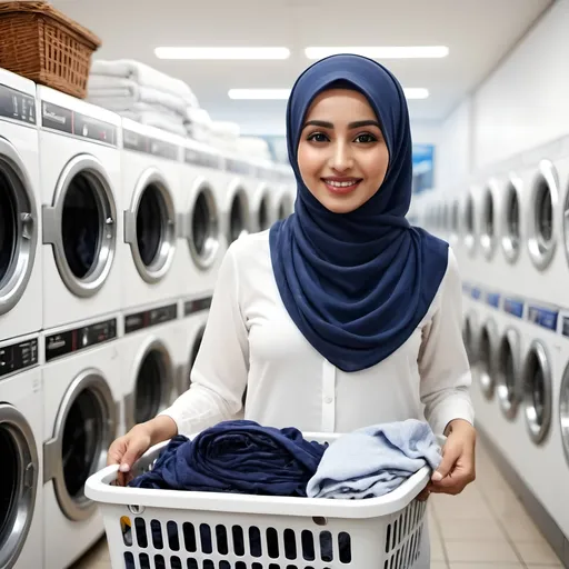 Prompt: lady in dark blue hijab, white clothes. with laundry basket on hand in laundry shop