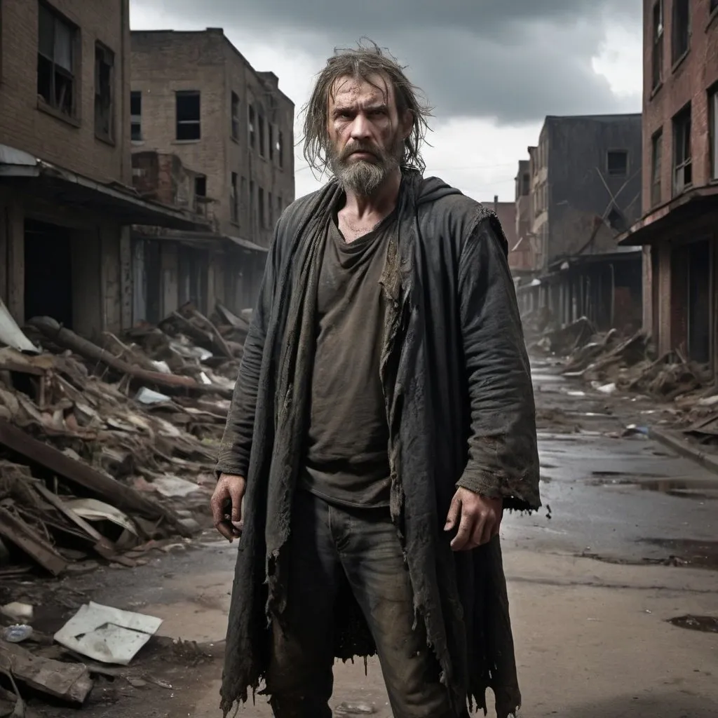 Prompt: the man is middle-aged with a rugged and intimidating appearance.
He has unkempt hair and a scraggly beard, with dirt and grime visibly embedded in his skin.
His clothes are tattered and filthy, consisting of a dark, ragged cloak over a patchwork of worn-out garments. He stands with a commanding posture, one hand raised as if conjuring or controlling something. His expression is a mix of determination and malevolence, with a slight sneer. The background is a dilapidated urban environment, with crumbling buildings and garbage-strewn streets.
Dark clouds loom overhead, adding to the ominous atmosphere. Swirling around him are tendrils of dark, murky energy, composed of dirt, grime, and refuse