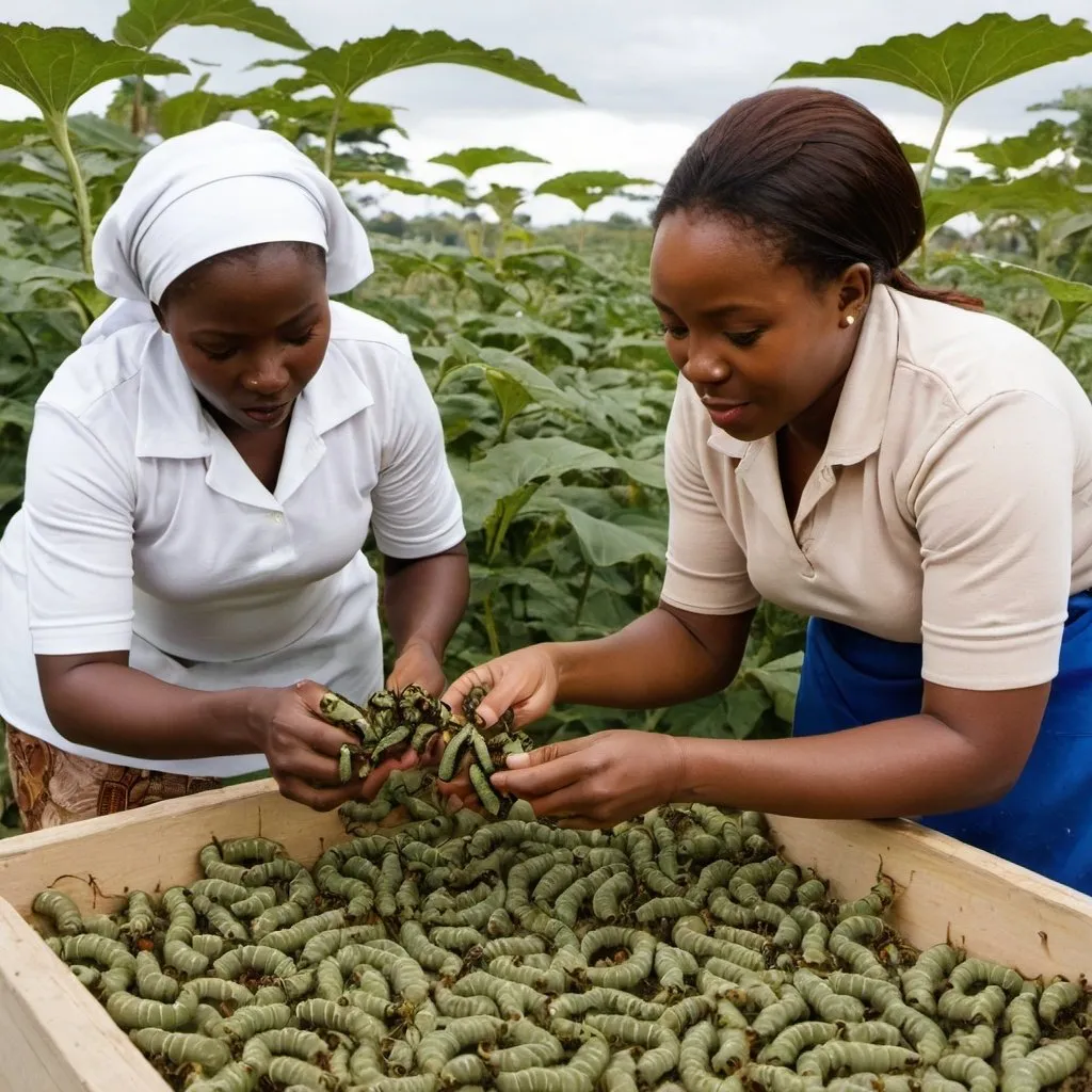Prompt: African Women farming silk worms
