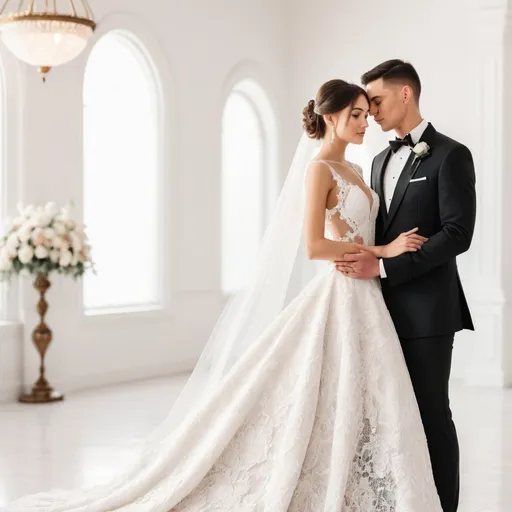 Prompt: Luxurious bride in beautiful dress, groom in black formal suit, white background, high quality, formal attire, detailed lace design, elegant wedding gown, classic tuxedo, romantic setting, soft lighting