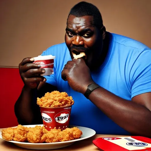 Prompt: Big black jamican man eating kfc