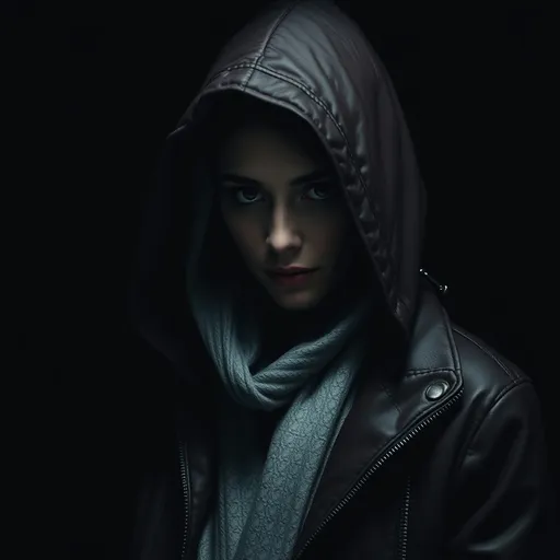 Prompt: can you create an image of a women wearing a hood from an expensive jacket hiding in the shadows. this image should bring feelings of being lost and alone looking for a way out. it should all be made for a book cover 