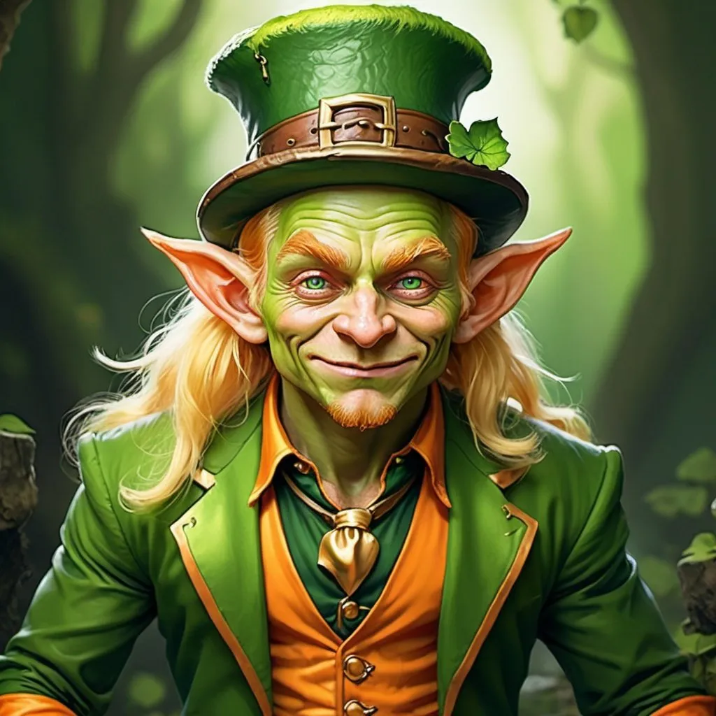 Prompt: orange skinned blonde haired leprechaun goblin fantasy art