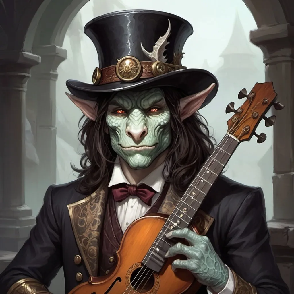 Prompt: pale skinned dark hair dragonborn bard fantasy art in halen slash top hat