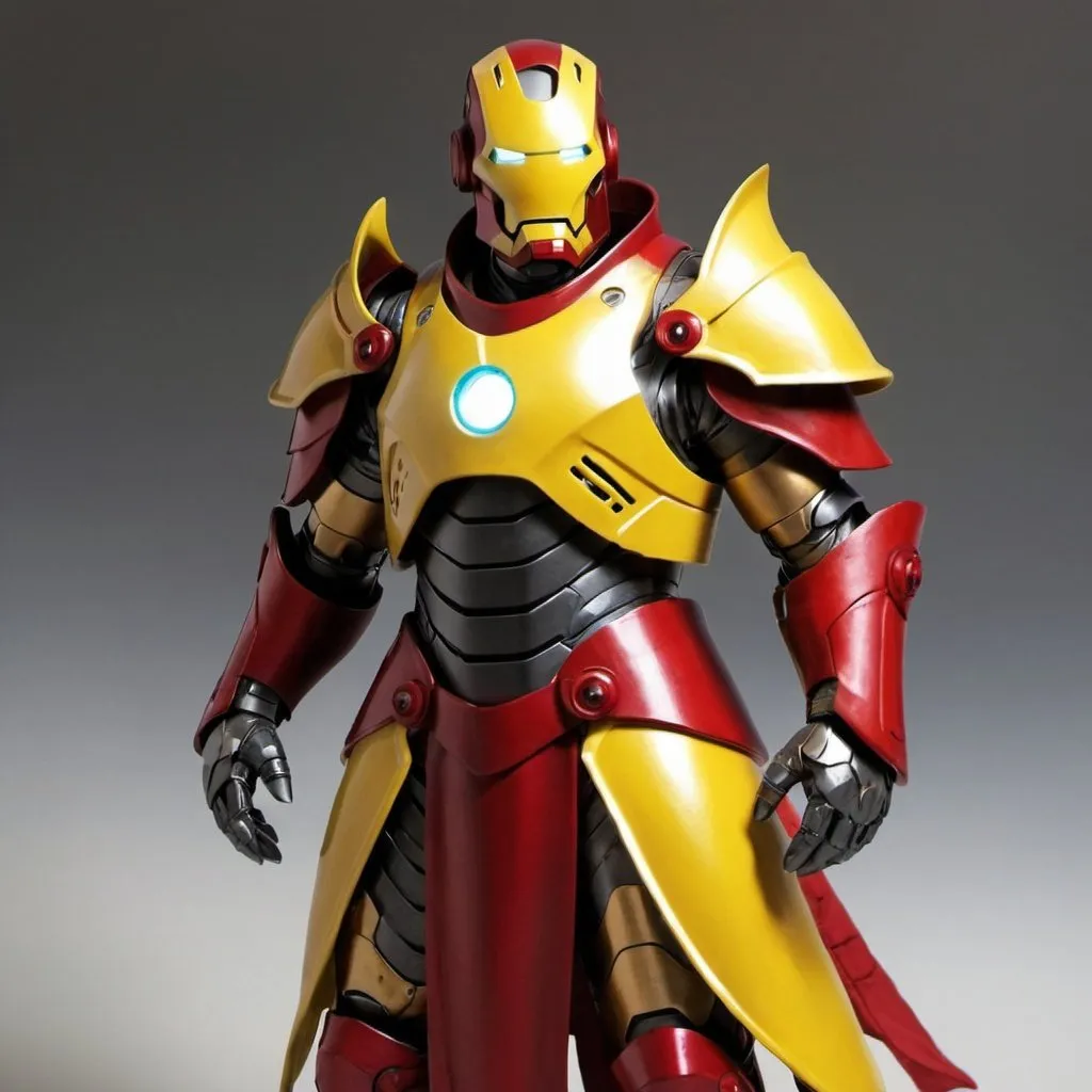 Prompt: black goatee dragonborn wizard in red yellow armor helmet iron man