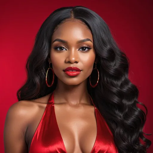 Prompt: Beautiful black woman model with long black soft wave hair extensions, professional hair brand photoshoot, halter top, red foil backdrop, flawless lines, lush detailing, high quality, professional, glossy finish, fashion photography, vibrant colors, studio lighting