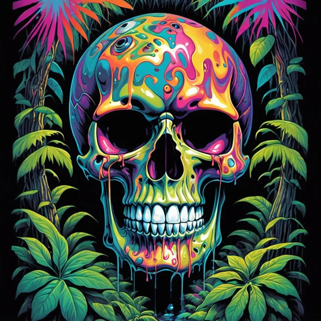 Prompt: psychedelic print skull, jungle, melting, concert poster, trick of the eye painting