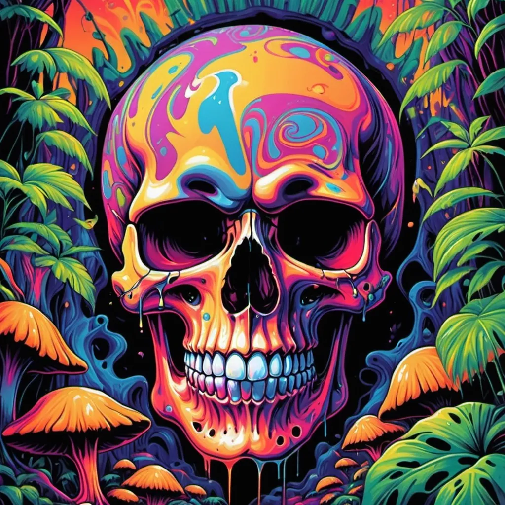 Prompt: psychedelic print skull, jungle, melting, concert poster, trick of the eye painting