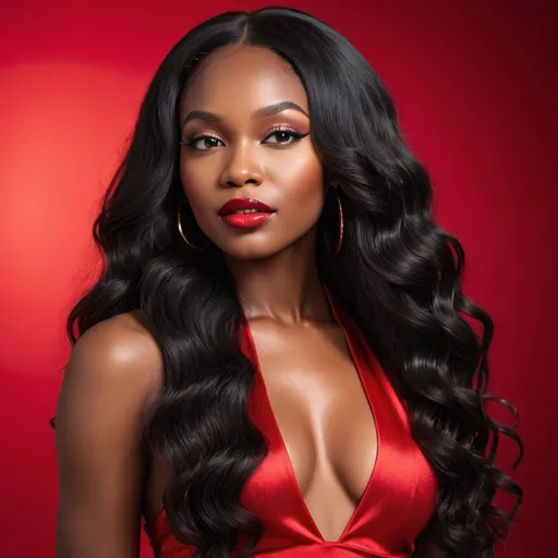Prompt: Beautiful black woman model with long black soft wave hair extensions, professional hair brand photoshoot, halter top, red foil backdrop, flawless lines, lush detailing, high quality, professional, glossy finish, fashion photography, vibrant colors, studio lighting
