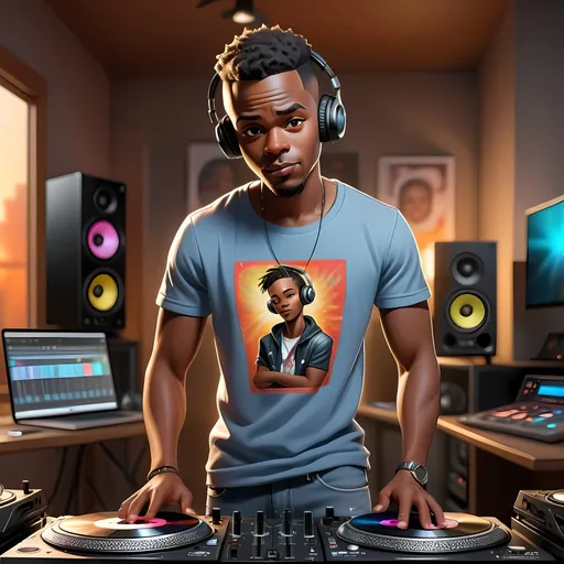 Prompt: A dynamic high gloss acrylic and digital painting illustration of a savvy African American male content creator standing in his sleek, modern home DJ setup. He is dressed in casual jeans and a graphic t-shirt. The scene is filled with DJ equipment including turntables, mixer, speakers, and lighting. With an energetic and focused expression, he is mixing music live. His natural look and well-groomed short hair mirror his professionalism and creativity. The atmosphere is vibrant and lively, encapsulating his passion for music and his dedication to sharing his talent. The caption 'It's the DJ for me' is displayed.
