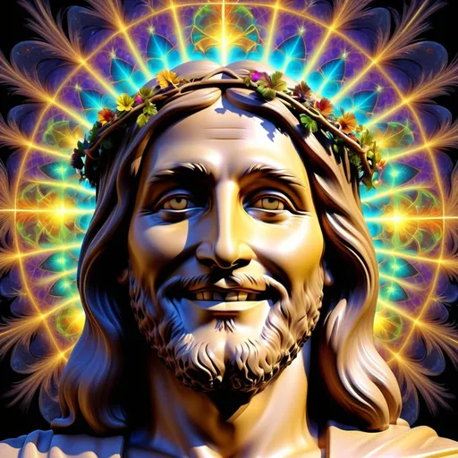 Prompt: Rich bumpmapped hippie colored fractal face of Jesus Christ smiling with laser eyes

