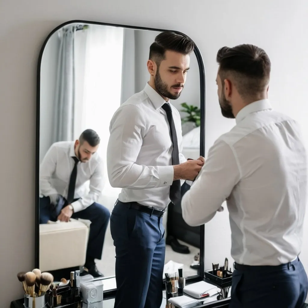 Prompt: Businessman getting ready in the mirror to go to work and bedroom decor