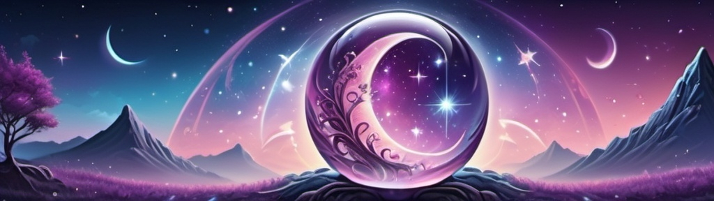 Prompt: (mystical imagery), crystal ball surrounded by enchanting stars, crescent moons illuminating the scene, vivid purples, deep blues, soft pinks creating a magical atmosphere, ethereal light radiating, whimsical swirls of energy and mystique, captivating celestial background, dreamy aesthetic, ultra-detailed, high-quality, enchanting vibe. banner landscape size