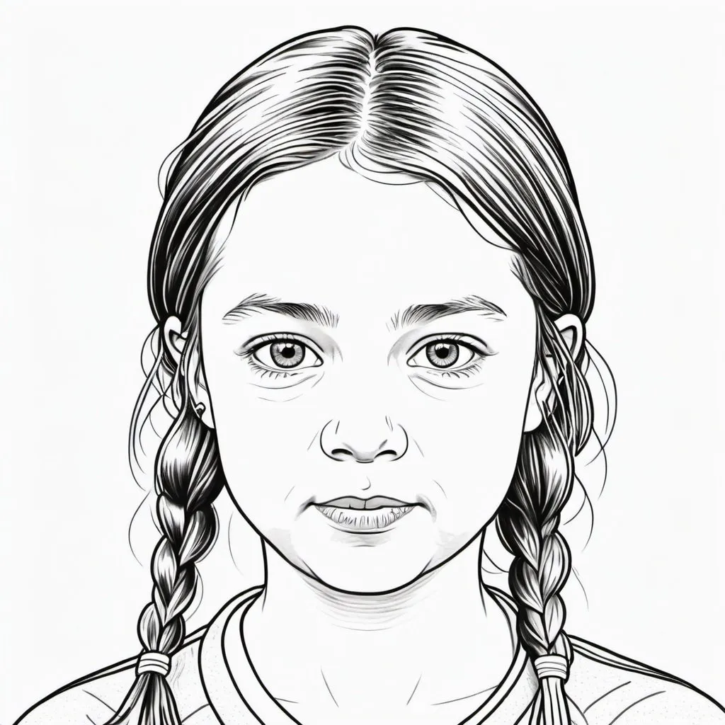 Prompt: simple and minimalistic coloring book page with white background of medium close-up of 21-year old Greta Thunberg, looking straight, head and shoulders, square format, line art, thick lines, no shades, no patterns in the background, 