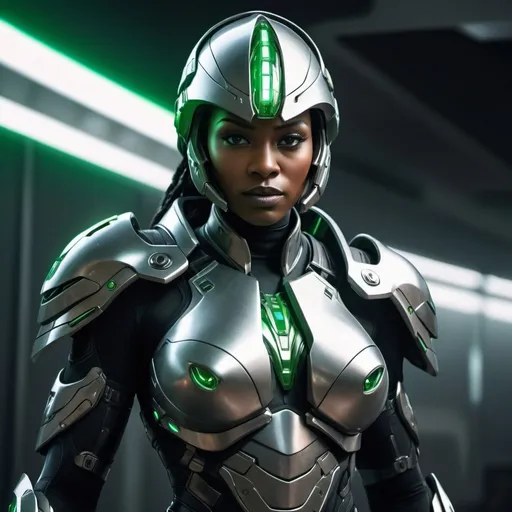 Prompt: extremely muscular, tall, older black female. futuristic military promotional picture, brute shaped, hand pointing forward. Vibrant green colors, body, sleek helmet, high-tech design, optimistic atmosphere, gleaming armor with LED lights, face hidden behind visor, thick ram head helmet. metallic silver tones, very advanced armor. Cape equipped on shoulders flowing in breeze. Titan emblem emblazoned on shoulder, sci-fi elements, incredibly high detail, ultra-detailed, 4K resolution, dynamic composition, futuristic visuals, impeccable clarity, captivating and energetic scene. Image downloaded should be emblazoned on shoulder