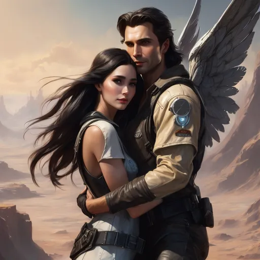 Prompt: a handsome male angel with long hair is embracing a beautiful dark-haired woman who is dressed like a scavenger from Fallout. His wings should be large. The background should be a stunning alien landscape.